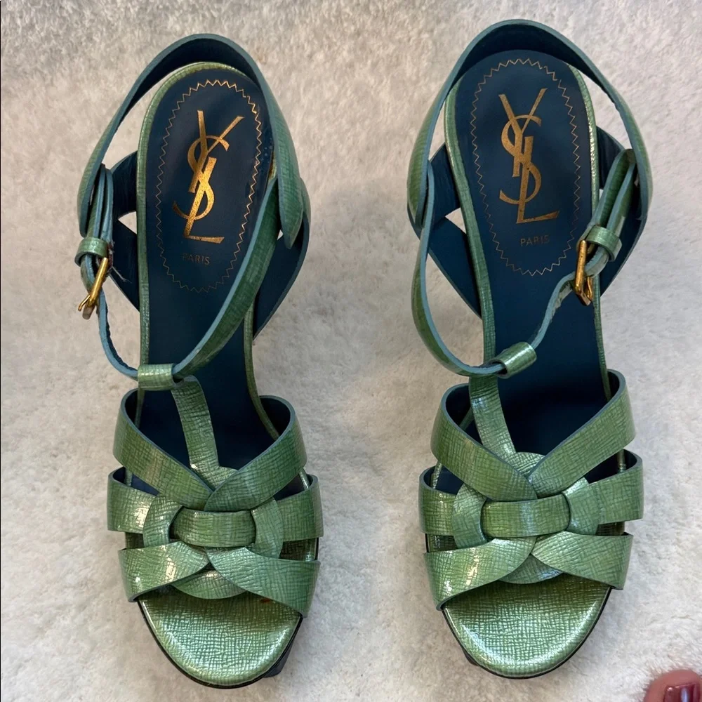 YSL Yves Saint Laurent Tribute Green Lizard Embossed Platform Heels Sandals 36.5